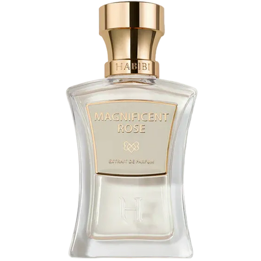 Perfume bottle labeled 'Magnificent Rose' with gold cap on a white background