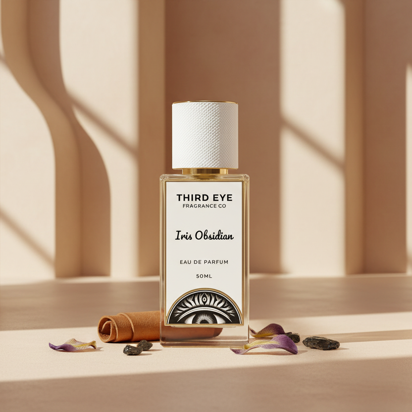 Perfume bottle labeled 'Iris Obsidian' by Third Eye Fragrance Co on a white background