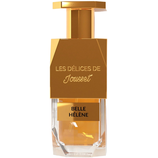 Gold and clear perfume bottle labeled 'Les Delices de Jousset Belle Helene' on a white background