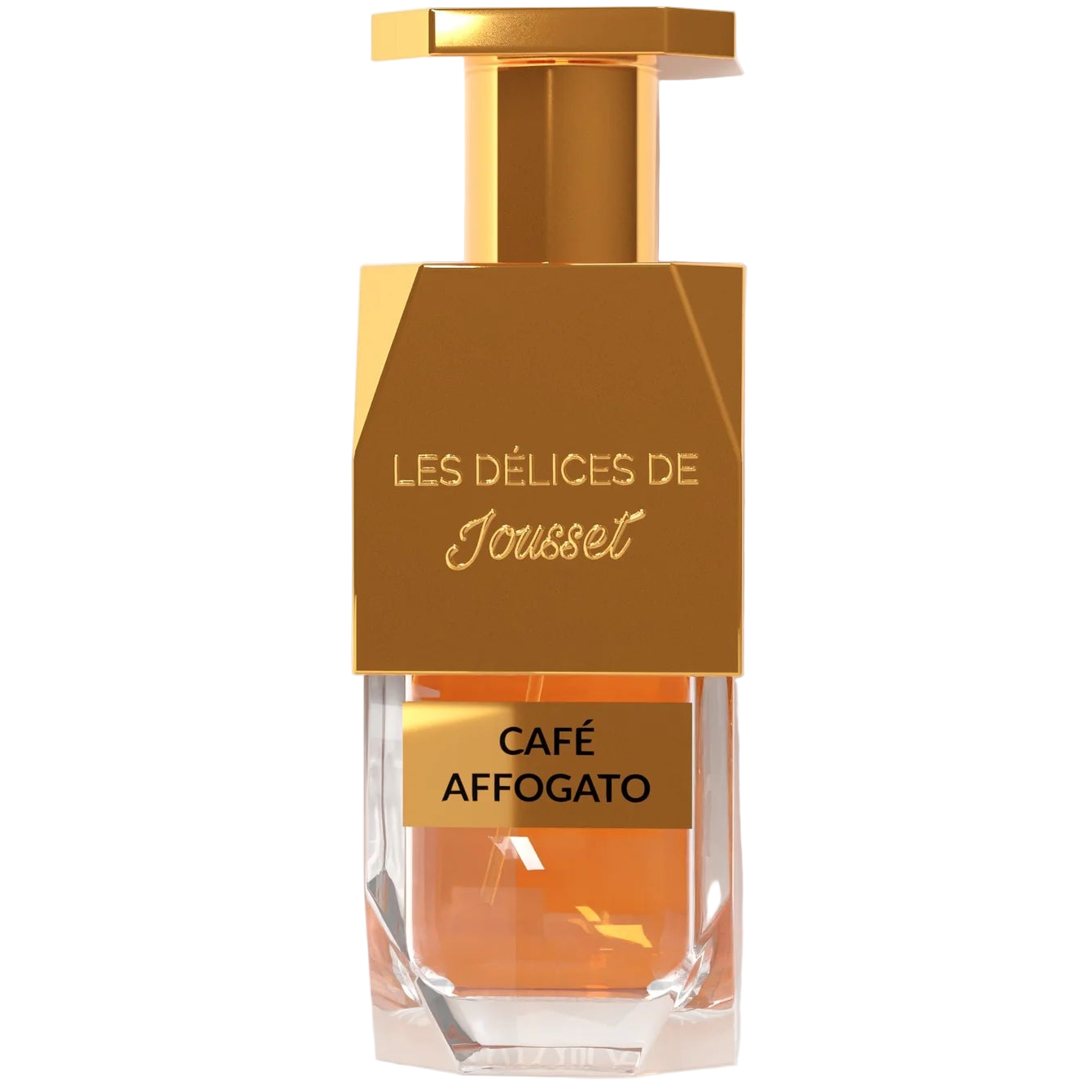 Gold and clear perfume bottle labeled 'Les Delices de Jousset Cafe Affogato' on a white background