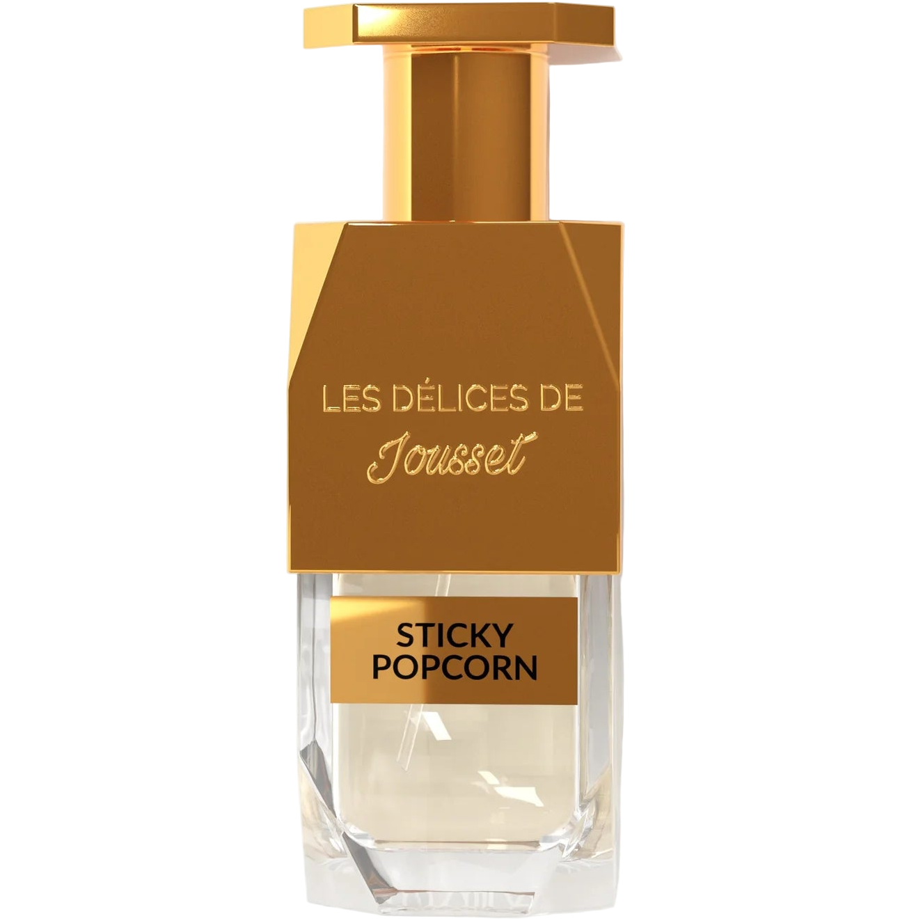 Perfume bottle labeled 'Les Delices de Jousset Sticky Popcorn' with gold cap and label on a white background