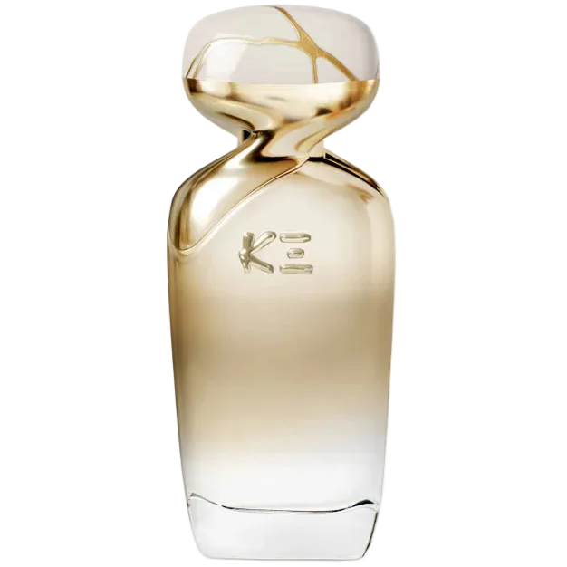 64 gardenia perfume bottle with clear to gold gradient glass bottle with white and gold metallic marble style cap.