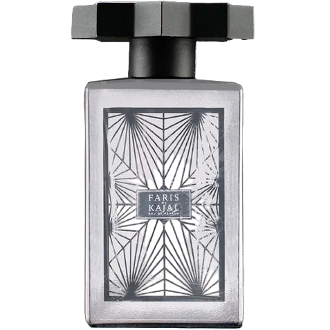 Perfume bottle with geometric design and label on a white background