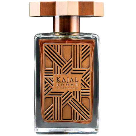 Perfume bottle with wooden design and 'Kajal Homme' branding on a white background