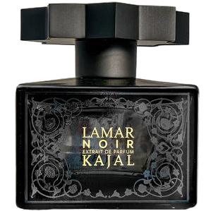 Black perfume bottle labeled 'Lamar Noir Kajal' on a black background