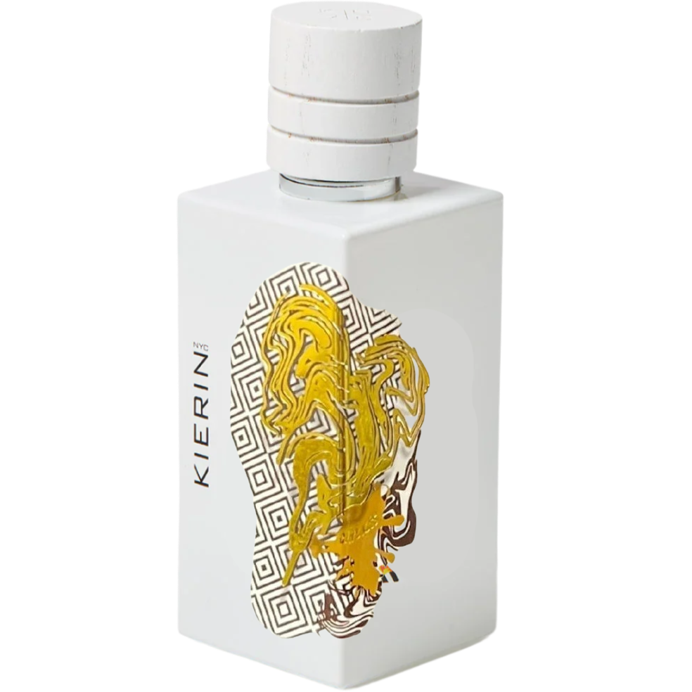 White perfume bottle with gold design and 'Kierin’ branding on a white background