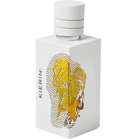 White perfume bottle with gold design and 'Kierin’ branding on a white background