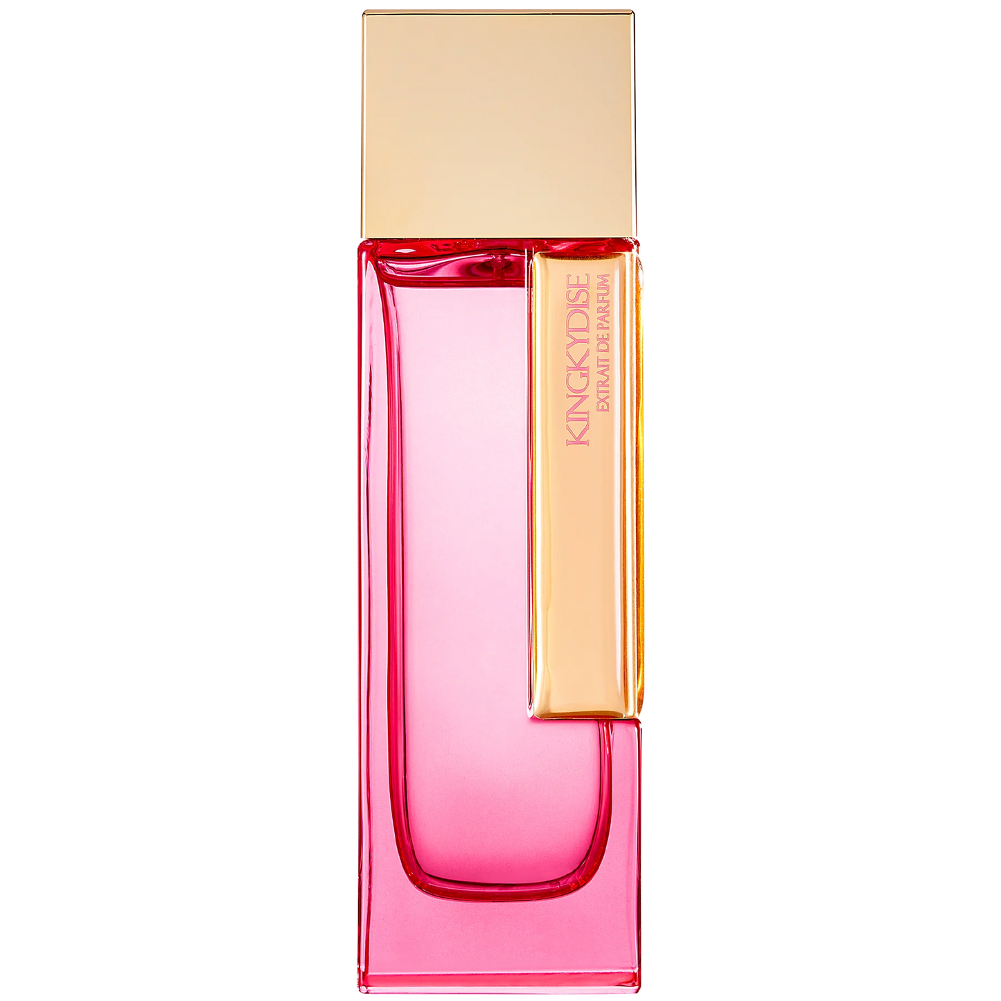 Pink perfume bottle with gold cap on a white background