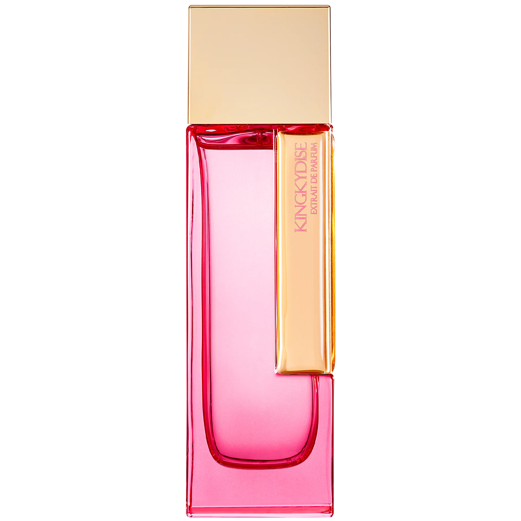 Pink perfume bottle with gold cap on a white background
