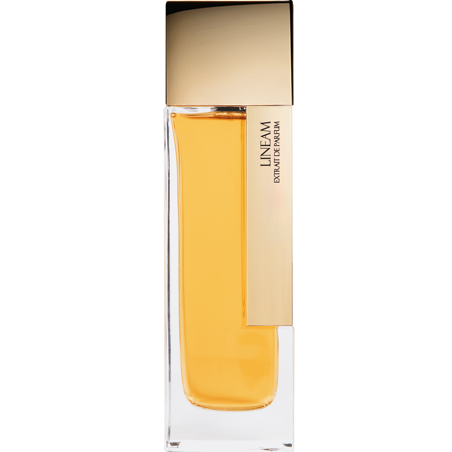 Perfume bottle with gold cap and clear body on a white background