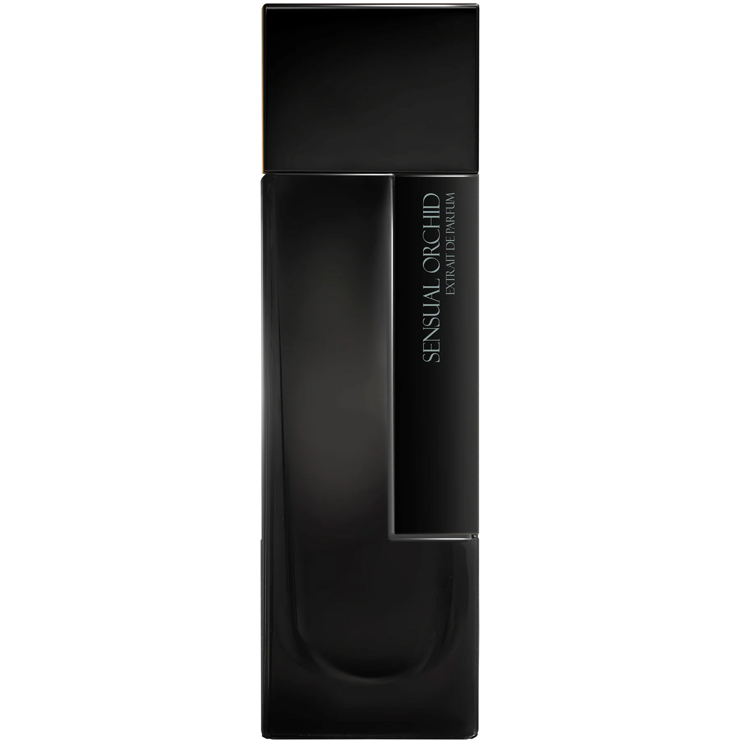 Black perfume bottle with 'sensual Orchid' text on a white background