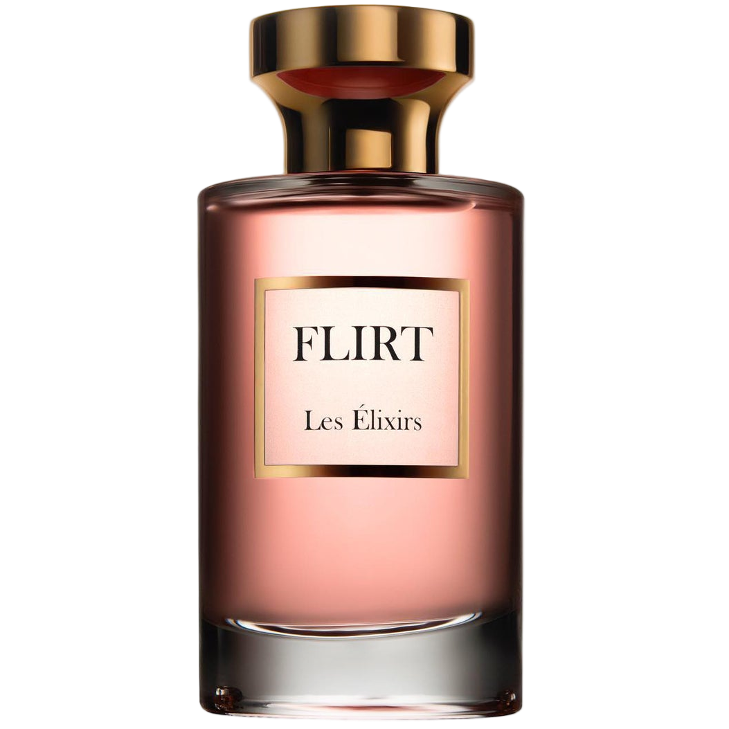 Perfume bottle labeled 'FLIRT Les Eléxirs' on a white background