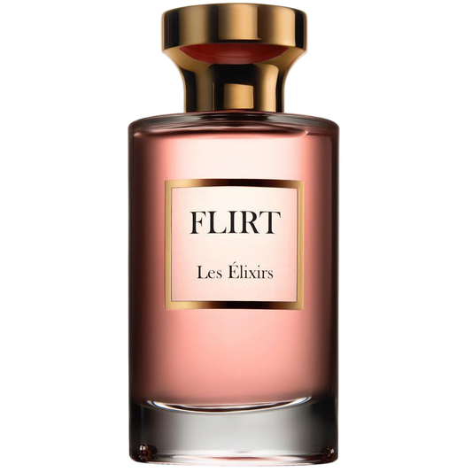 Perfume bottle labeled 'FLIRT Les Eléxirs' on a white background