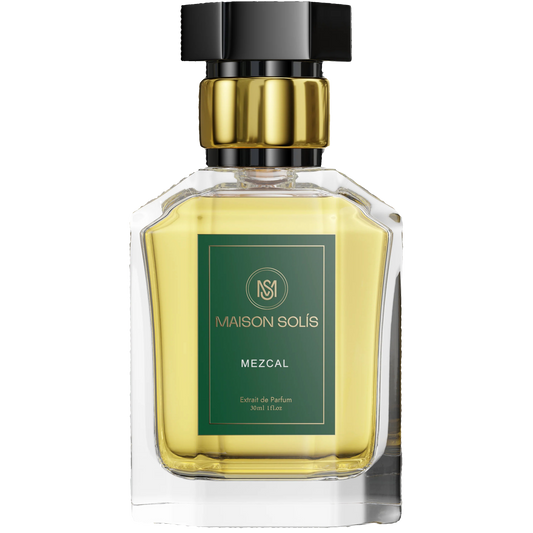 Perfume bottle with gold cap and green label on a white background