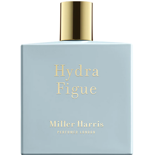 Perfume bottle labeled 'Hydra Figue' by Miller Harris on a white background