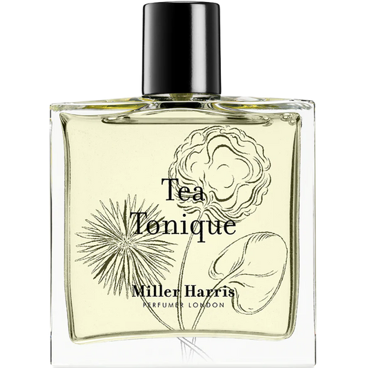 Perfume bottle labeled 'Tea Tonique' by Miller Harris on a white background
