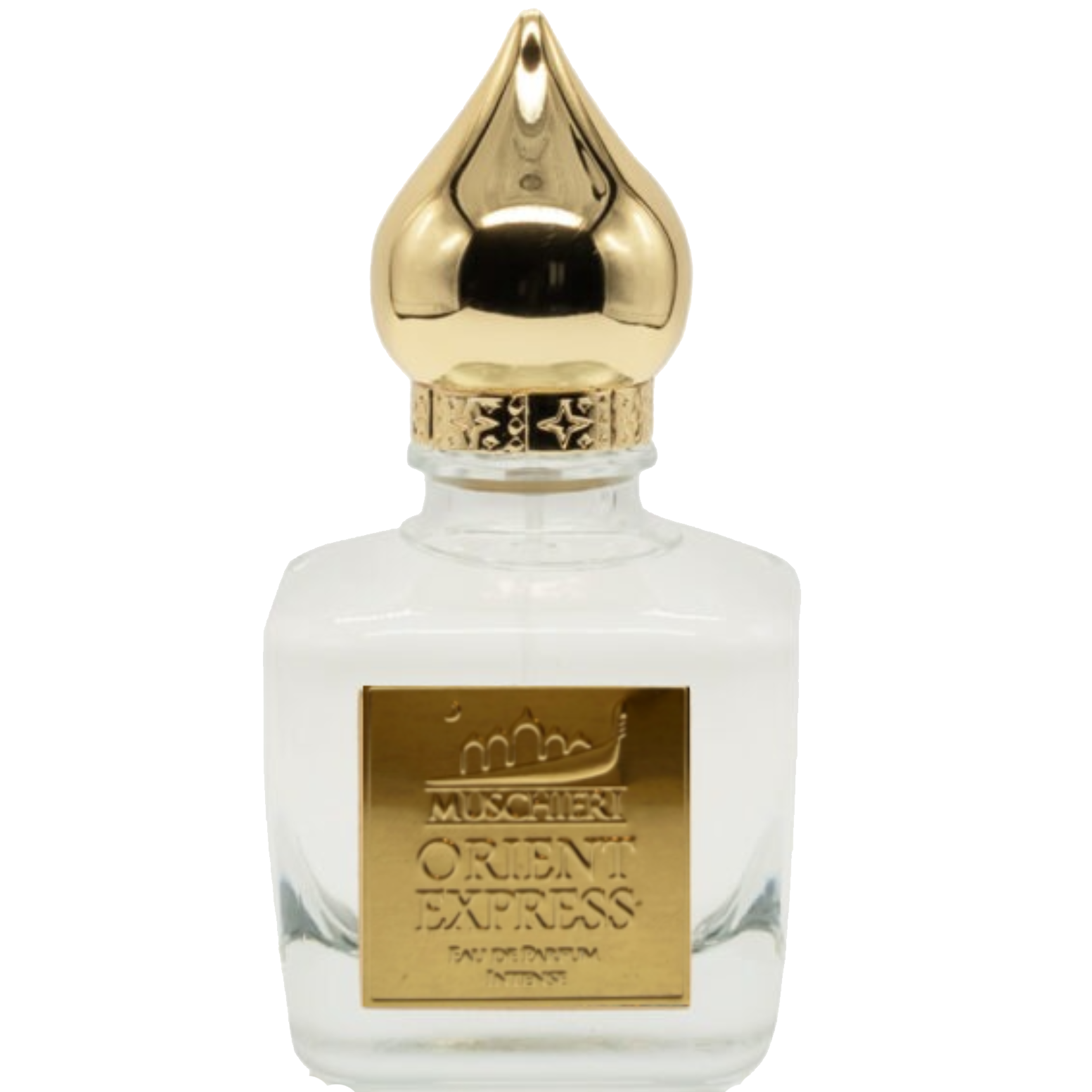 Perfume bottle with gold cap and label on a white background
