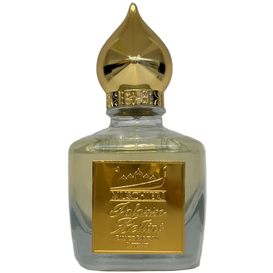 Perfume bottle with gold cap and label on a white background