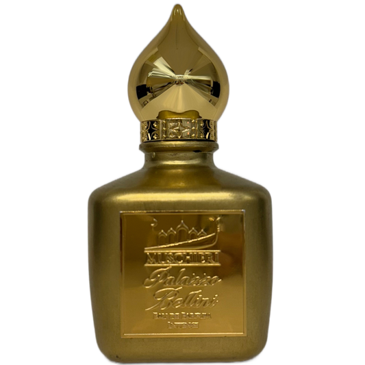 Gold perfume bottle with intricate design on a white background
