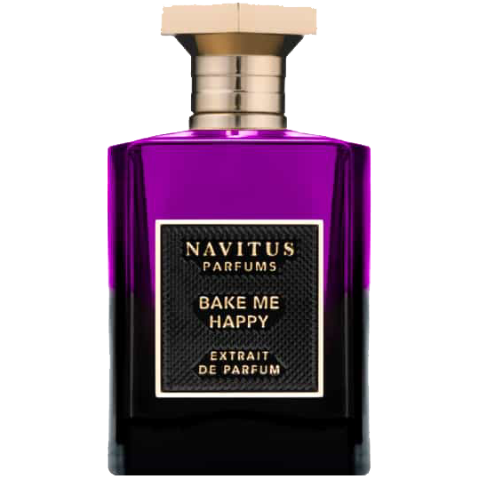 Purple perfume bottle with gold cap labeled 'Navitus Parfums Bake Me Happy' on a white background