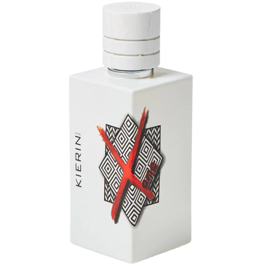White perfume bottle with geometric design and 'Kierini' branding on a white background
