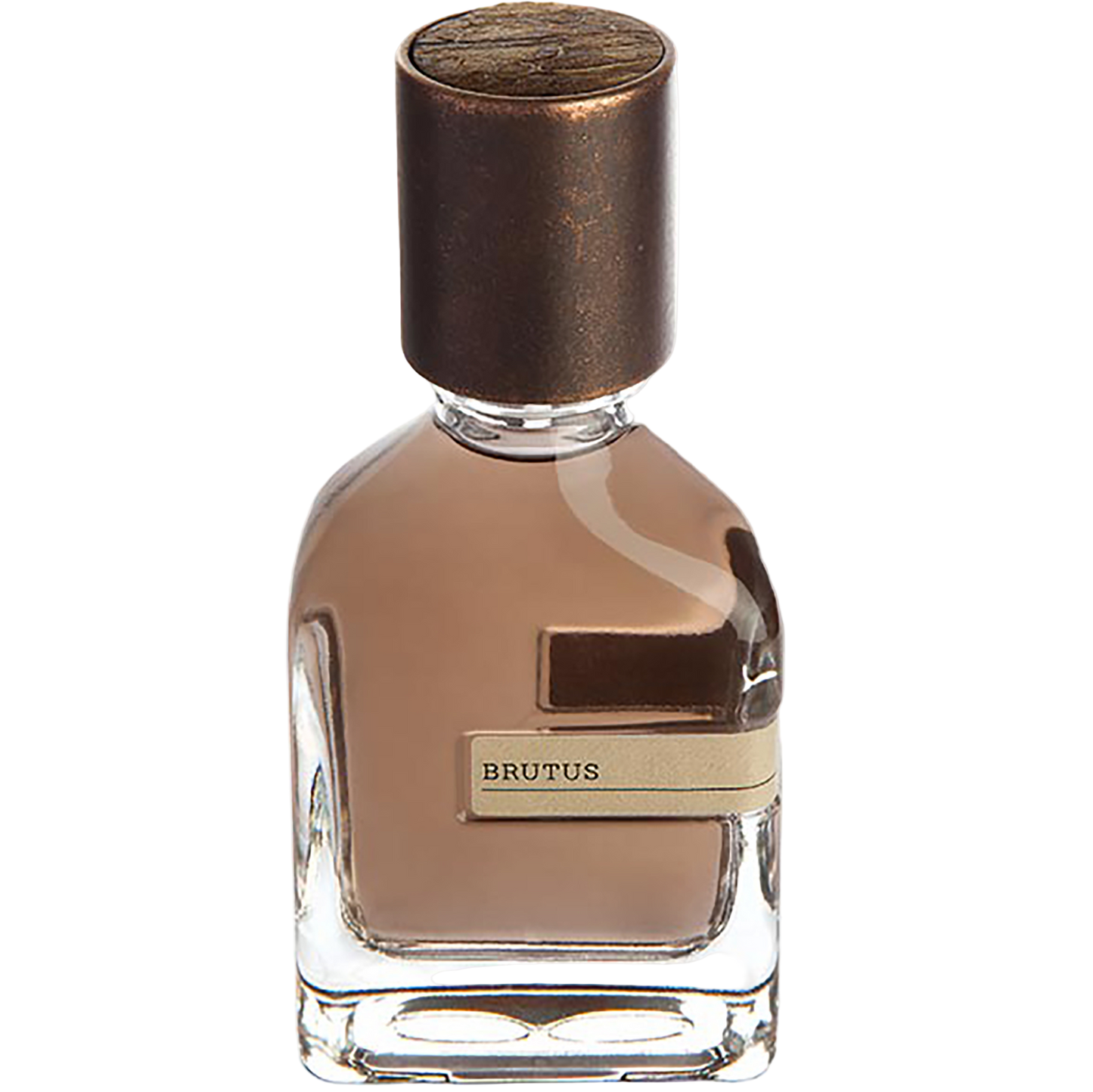 Perfume bottle labeled 'BRUTUS' with a bronze cap on a white background
