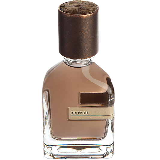 Perfume bottle labeled 'BRUTUS' with a bronze cap on a white background