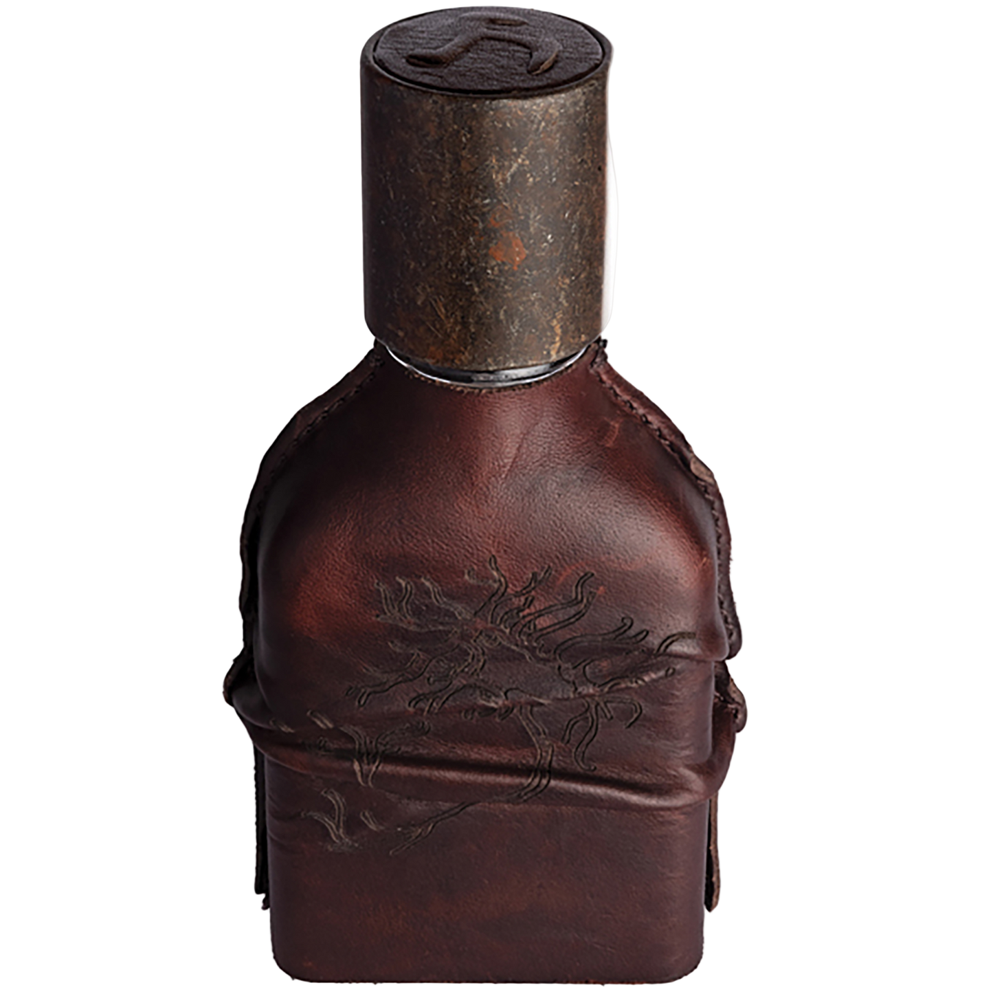 Brown leather bottle with embossed design on a white background