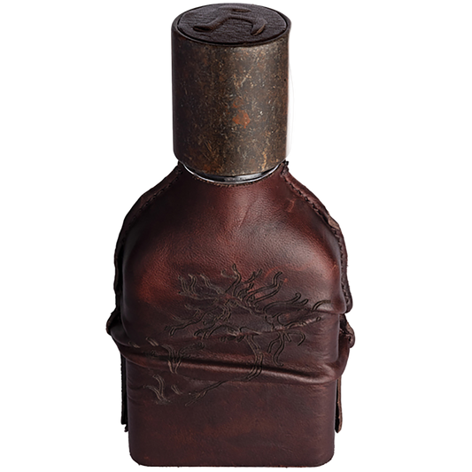 Brown leather bottle with embossed design on a white background