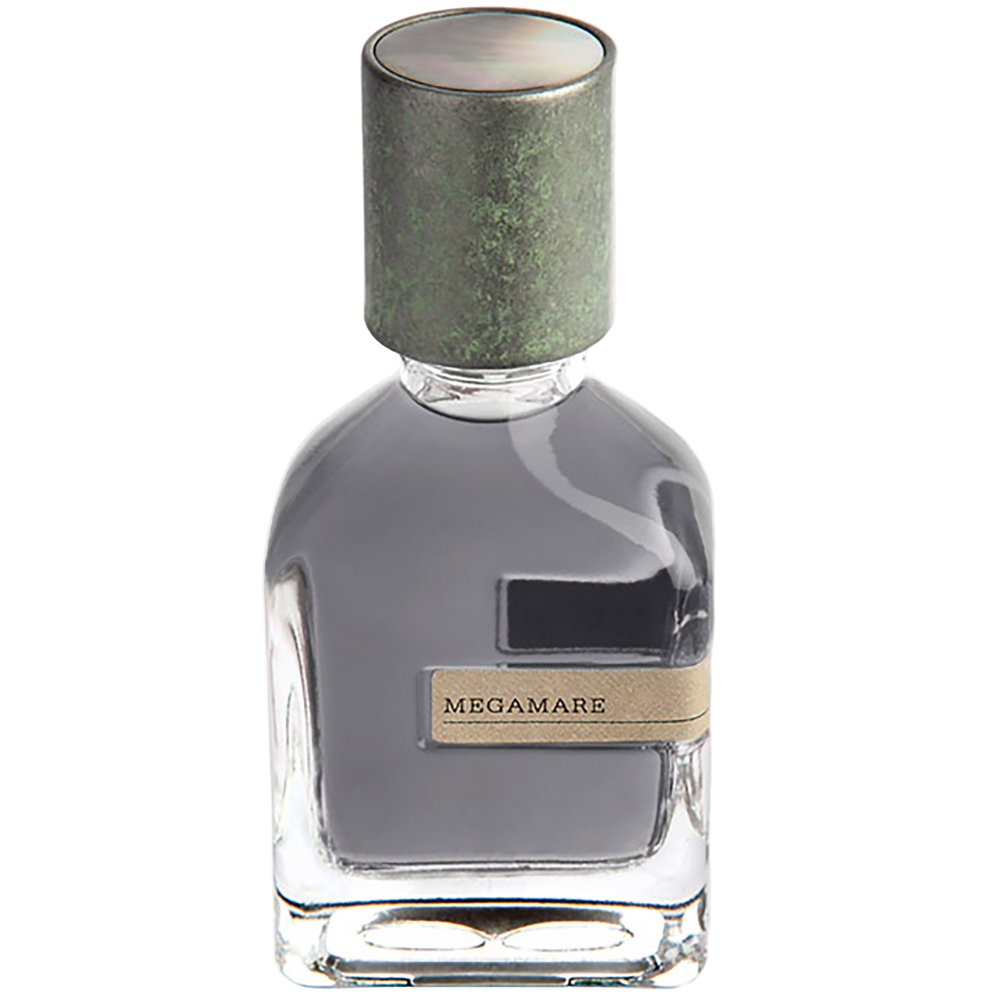Clear perfume bottle with a metallic cap on a white background, featuring the brand 'MEGAMARE'.