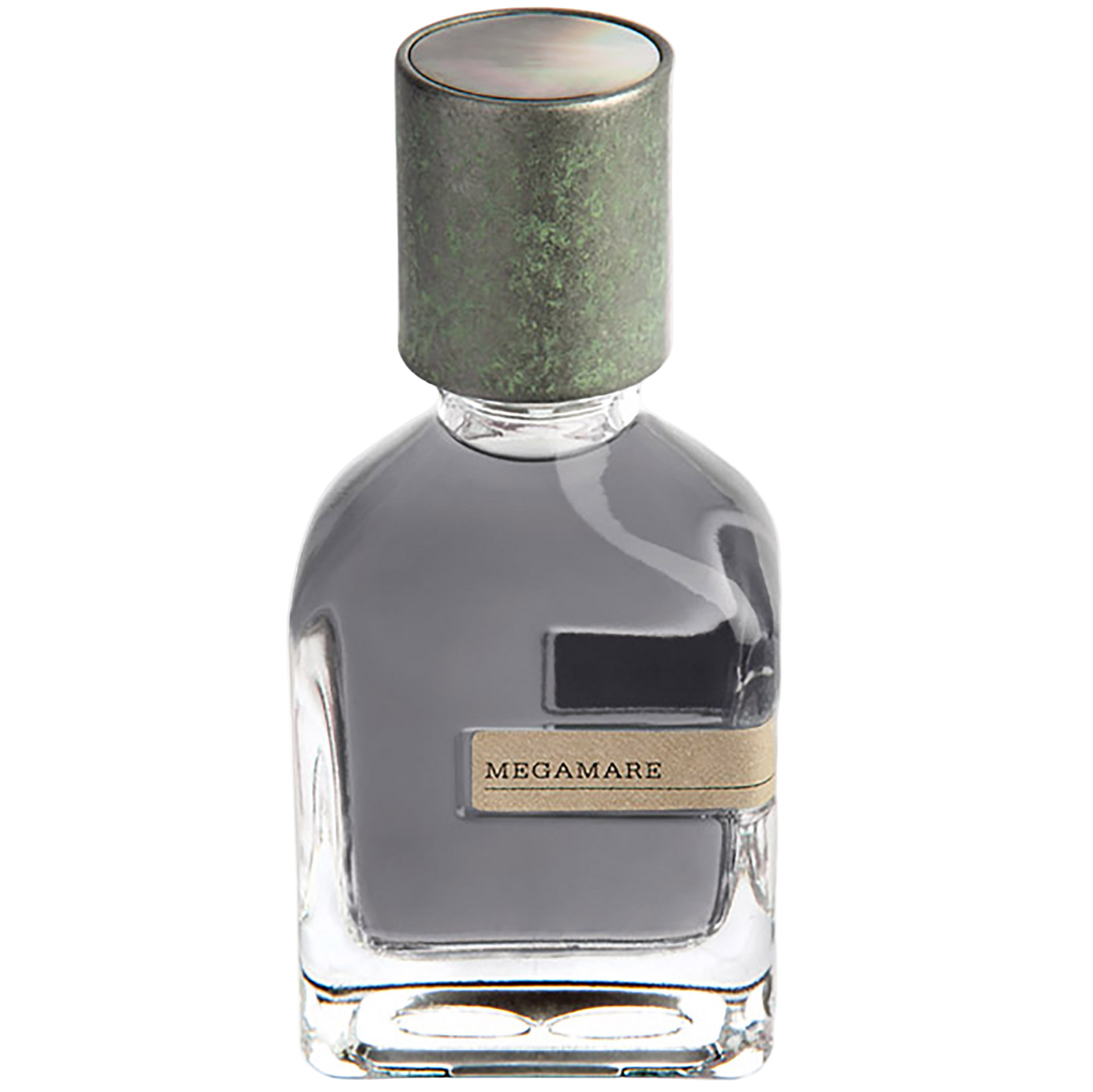 Clear perfume bottle with a metallic cap on a white background, featuring the brand 'MEGAMARE'.