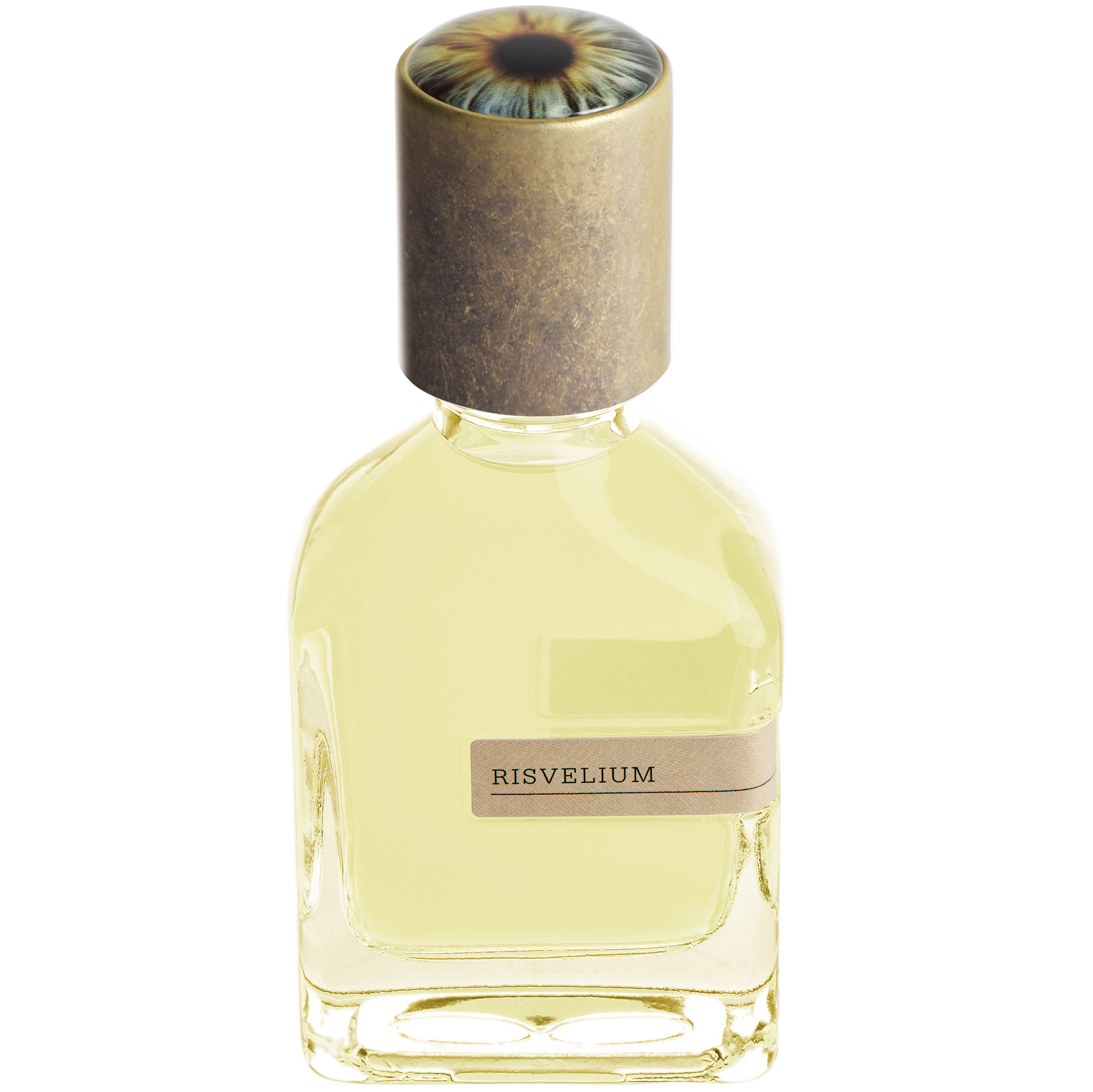 Perfume bottle labeled 'Risvelium' with a decorative cap on a white background