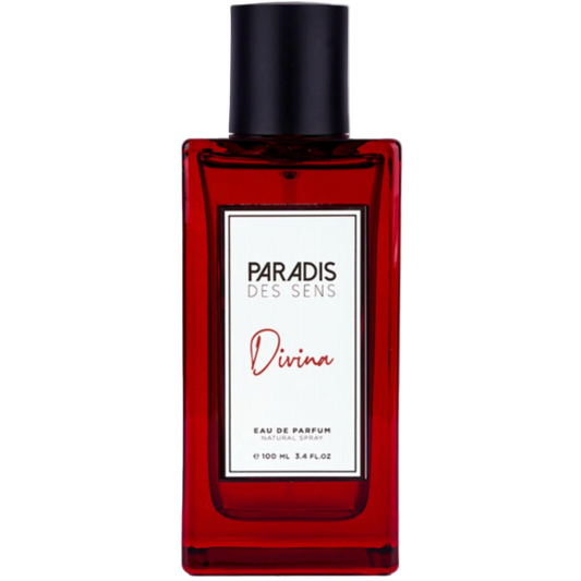 Red perfume bottle with black cap labeled 'Paradis des Sens Divina' on a white background