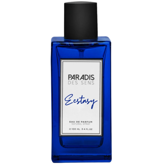 Blue perfume bottle with a white label on a white background