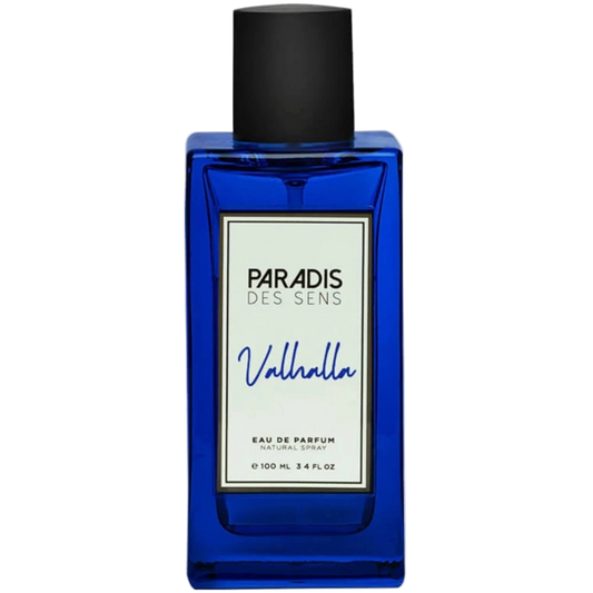 Blue Paradis perfume bottle with black cap on a white background