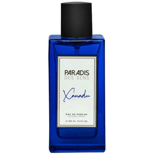 Blue Paradis perfume bottle with black cap on a white background