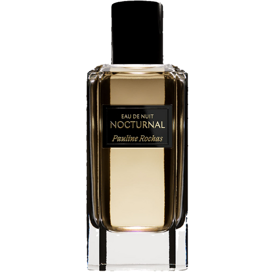 Perfume bottle labeled 'Eau de Nuit Nocturnal' by Pauline Rochas on a white background