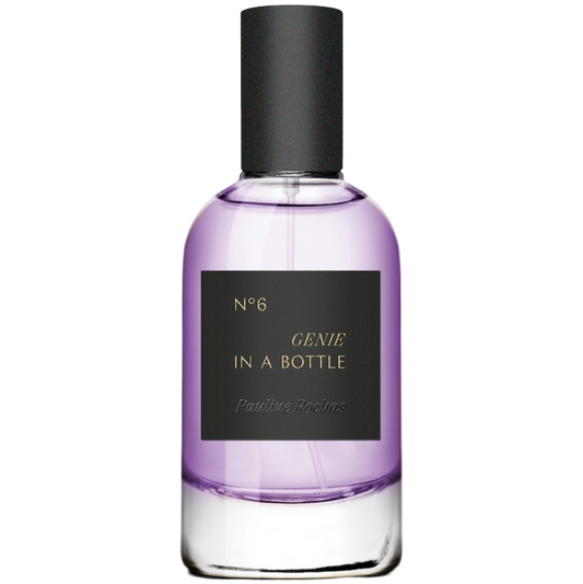 Purple perfume bottle with black cap and label on a white background