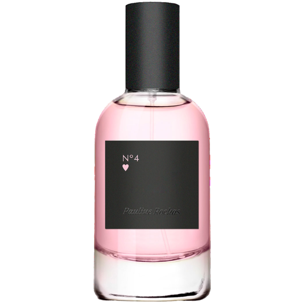 Perfume bottle with pink liquid and black label on a white background