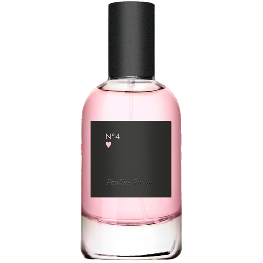 Perfume bottle with pink liquid and black label on a white background