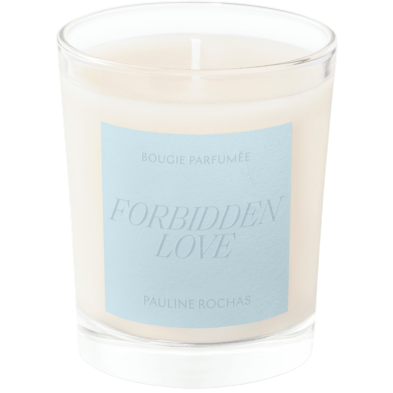 Candle with a blue label on a white background