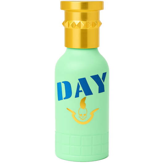 Green bottle with gold cap and 'DAY' branding on a white background