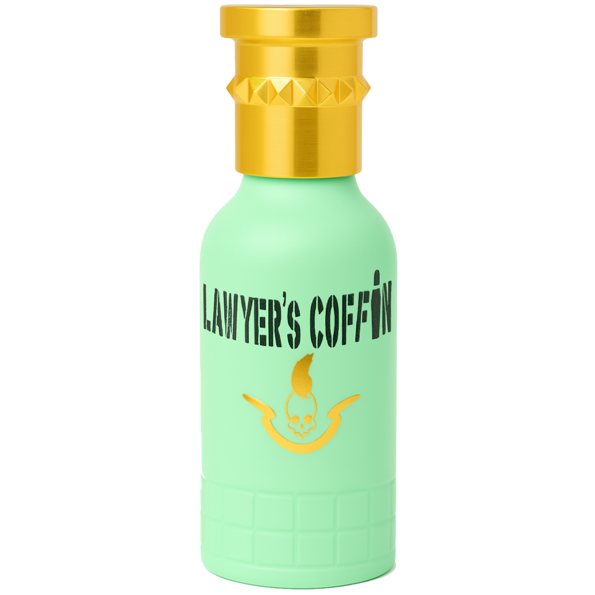 Green bottle with gold cap labeled 'Lawyer's Coffin' on a white background