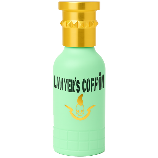 Green bottle with gold cap labeled 'Lawyer's Coffin' on a white background