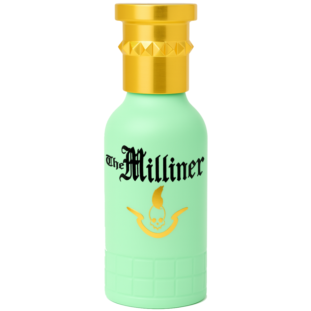 Green bottle with gold cap and 'The Milliner' branding on a white background