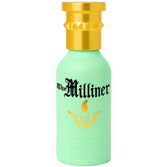 Green bottle with gold cap and 'The Milliner' branding on a white background
