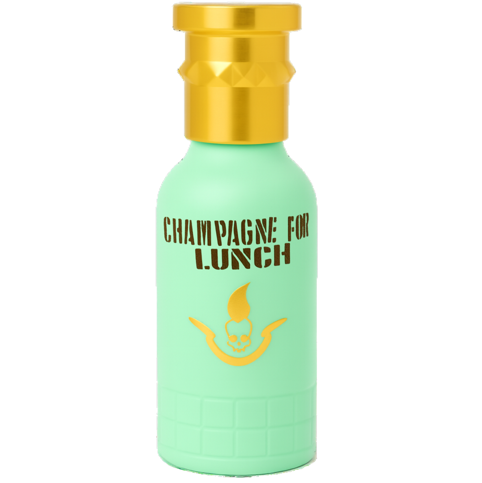 Mint green bottle with gold cap labeled 'Champagne for Lunch' on a white background