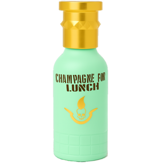Mint green bottle with gold cap labeled 'Champagne for Lunch' on a white background