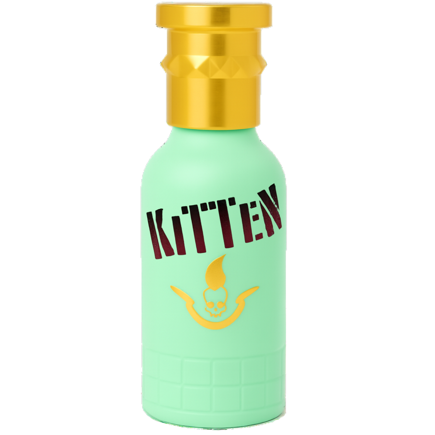 Mint green bottle with gold cap and 'KITTEN' text on a white background
