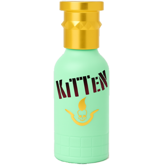 Mint green bottle with gold cap and 'KITTEN' text on a white background